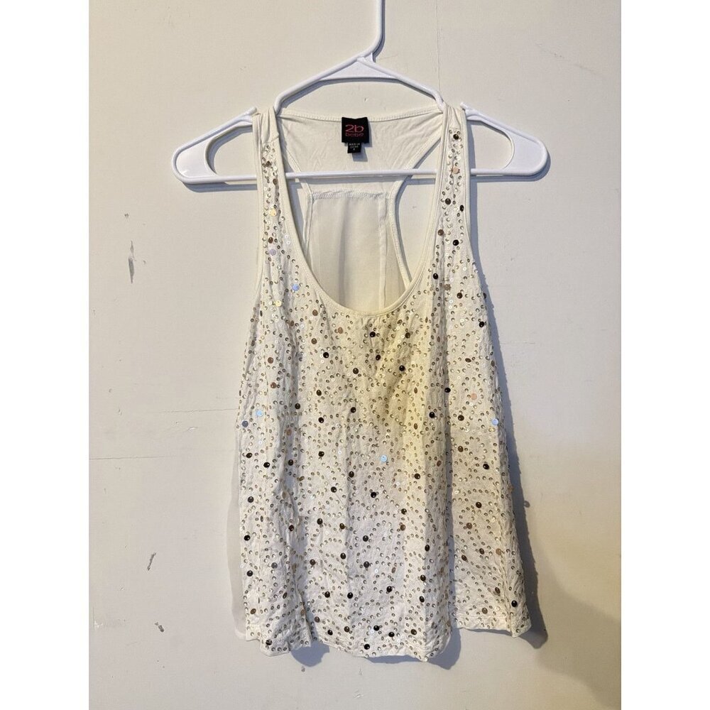 2b bebe Womens White Sequin Embellished Racerback Tank Top with Sheer Split Back